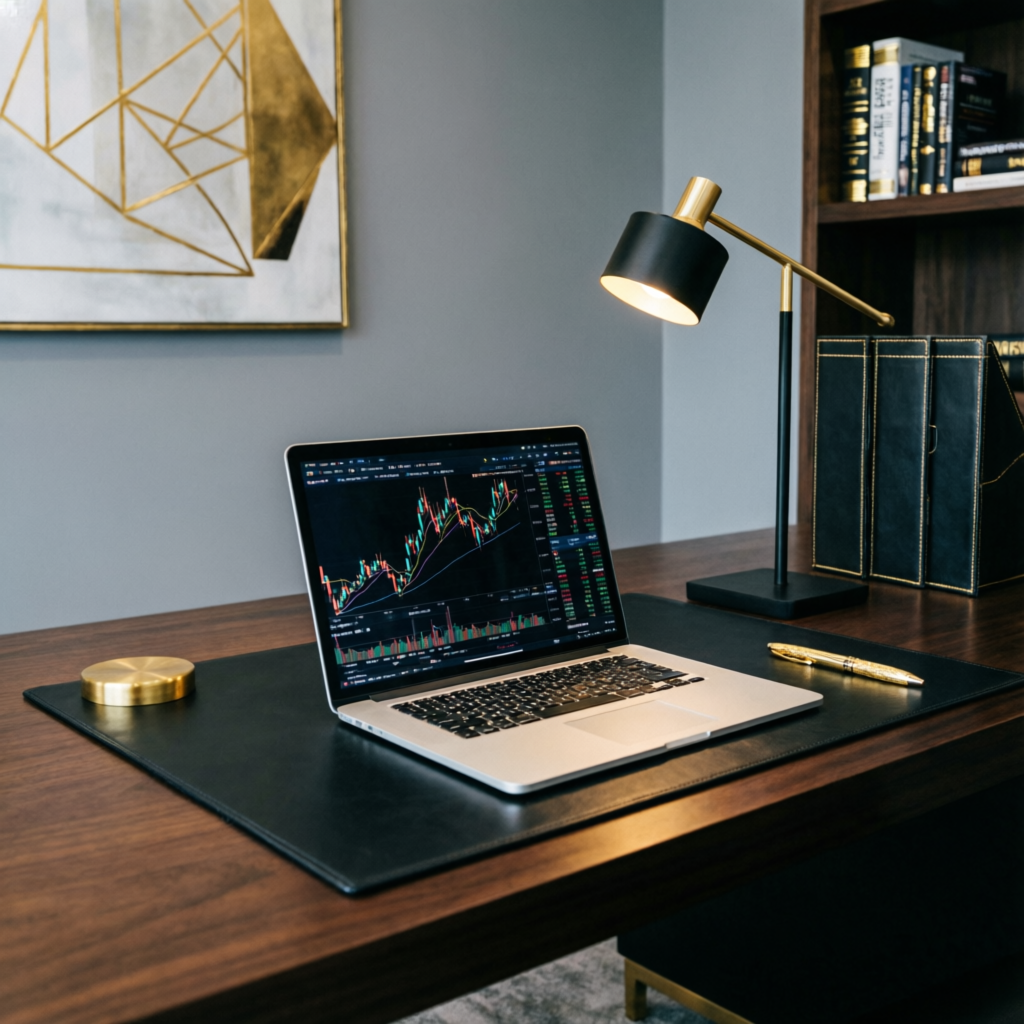Luxury professional trader workspace with laptop showing trading charts