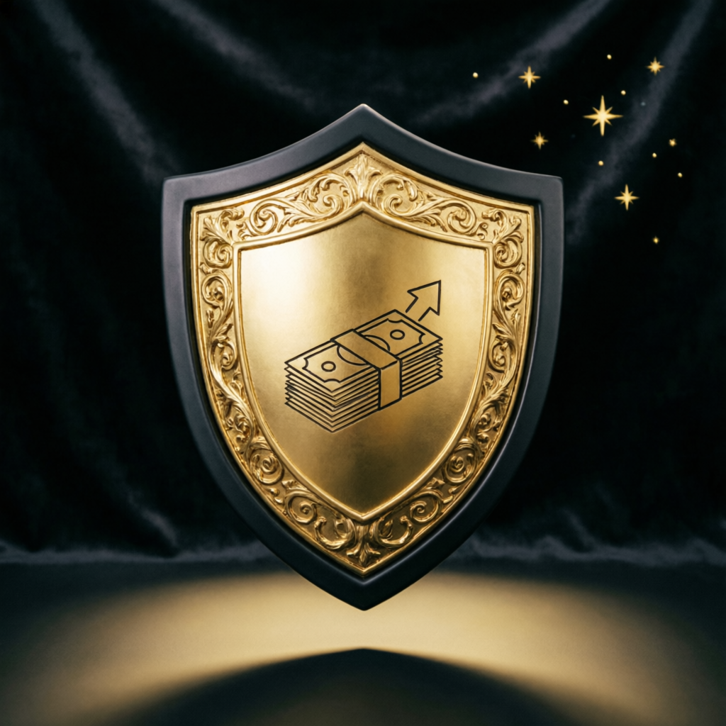 Golden shield protecting trading capital representing risk management and capital protection