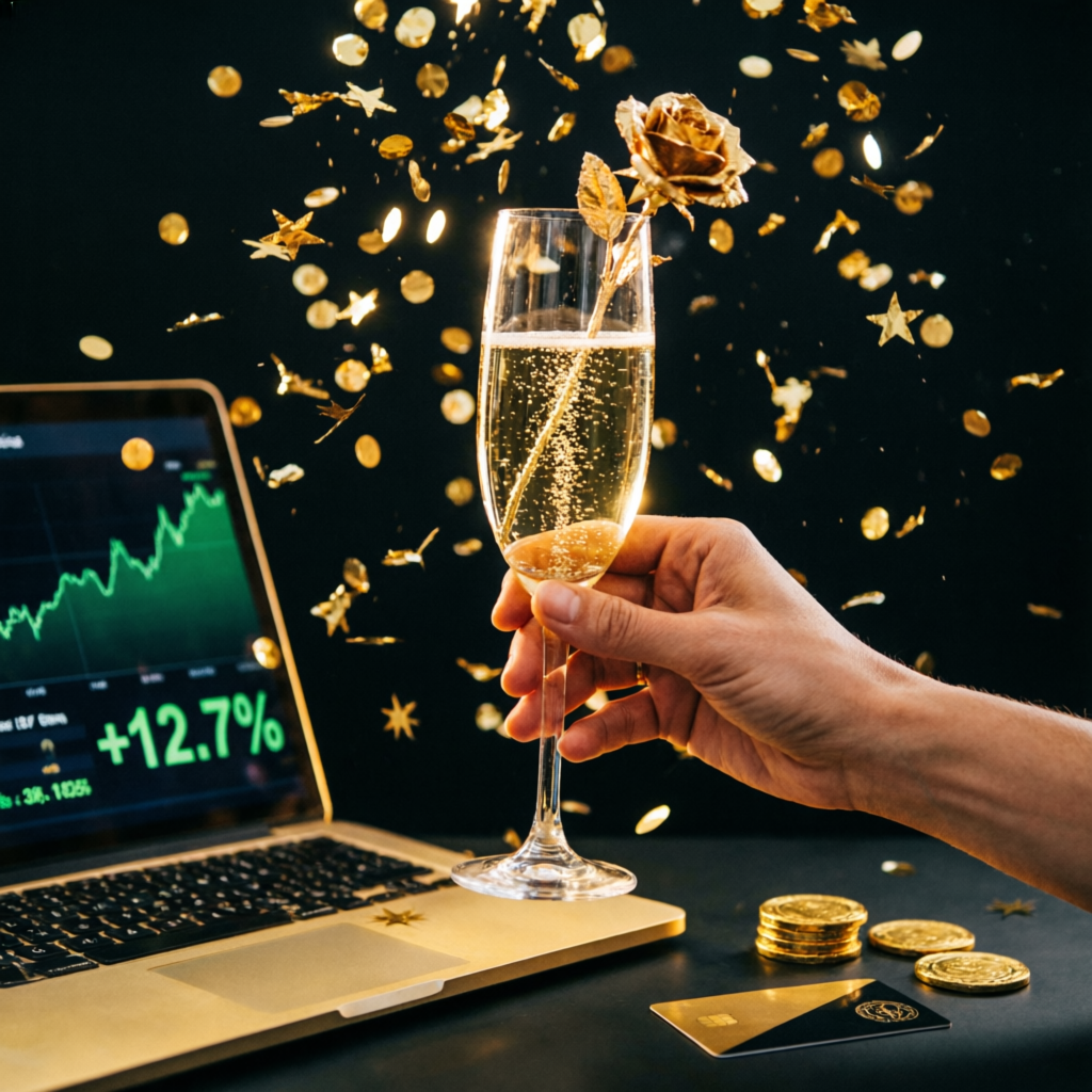 Success celebration with champagne and trading profits representing funded trader achievement