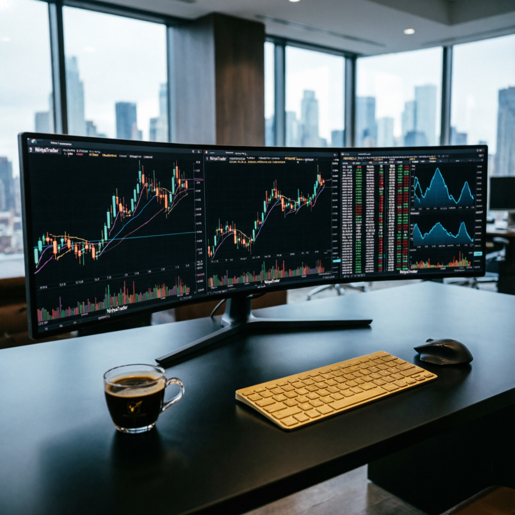 Professional NinjaTrader futures trading setup with multiple monitors