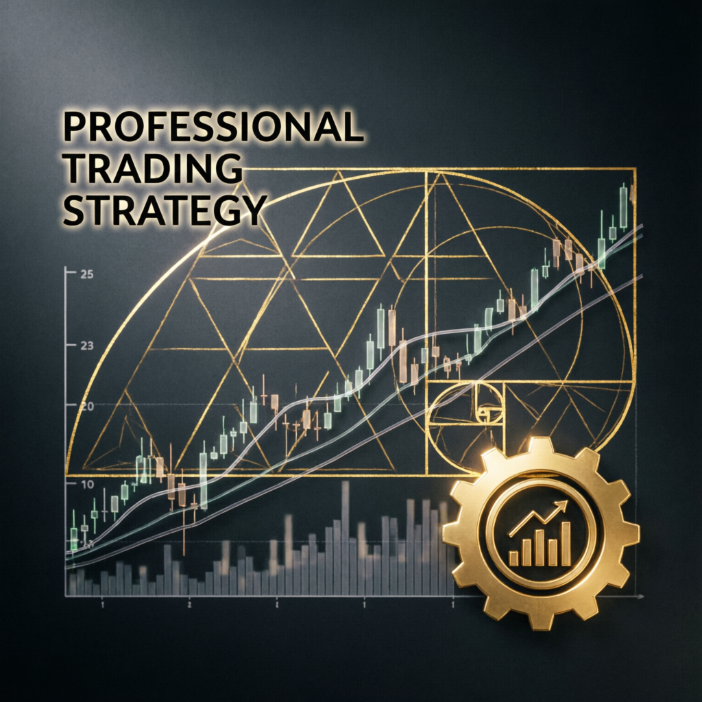 Professional trading strategy blueprint with golden geometric patterns and chart elements