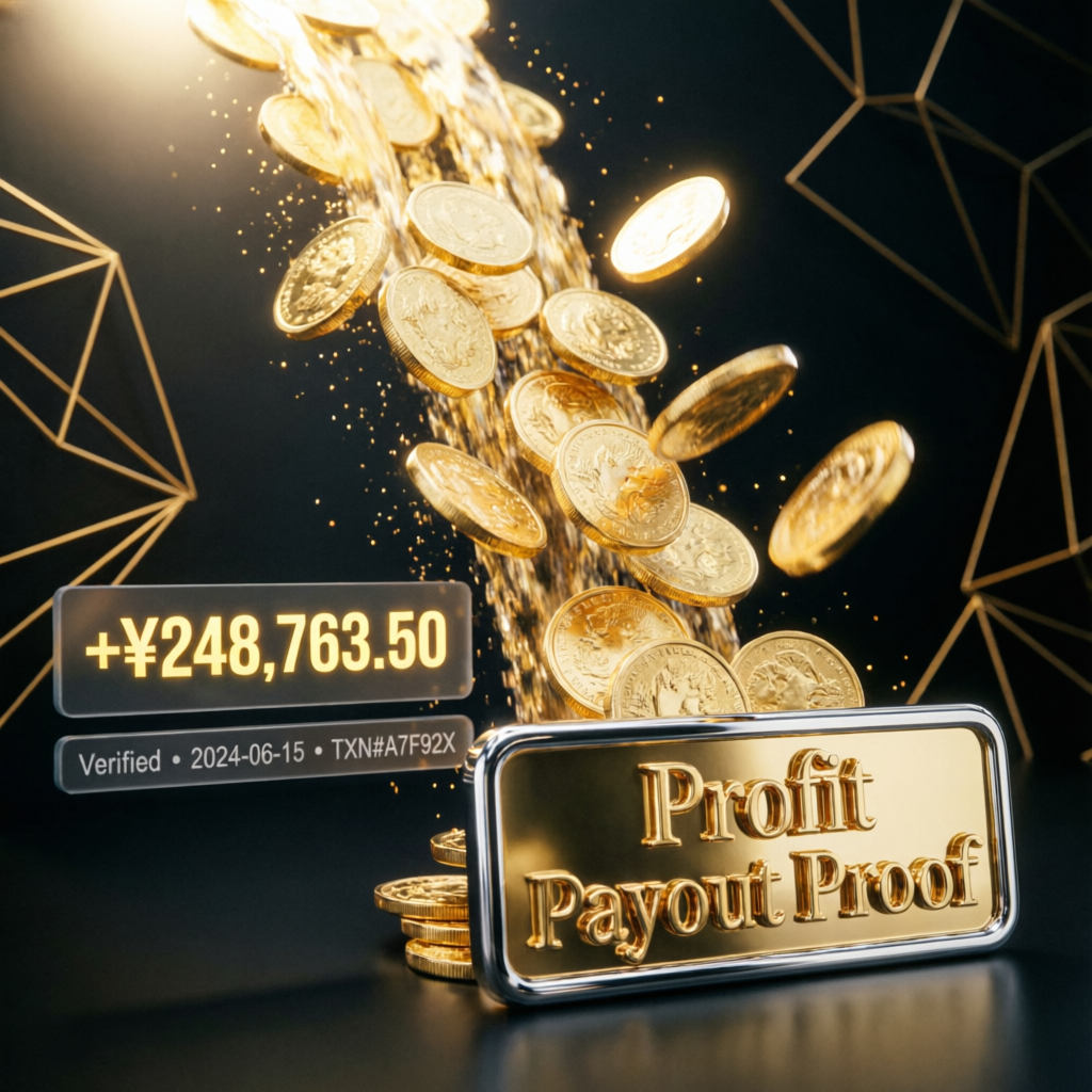 Profit payout proof with golden coins flowing representing successful trader withdrawals