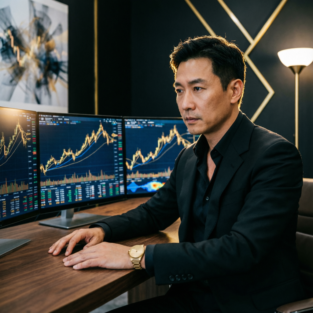 Professional forex trader analyzing futures charts at premium trading desk
