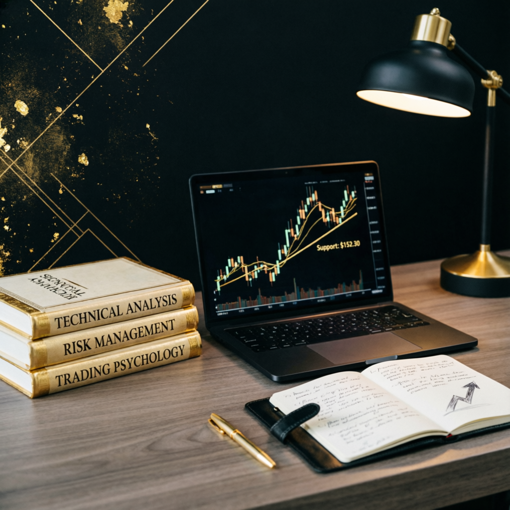 Trading education books and laptop showing chart analysis for professional learning