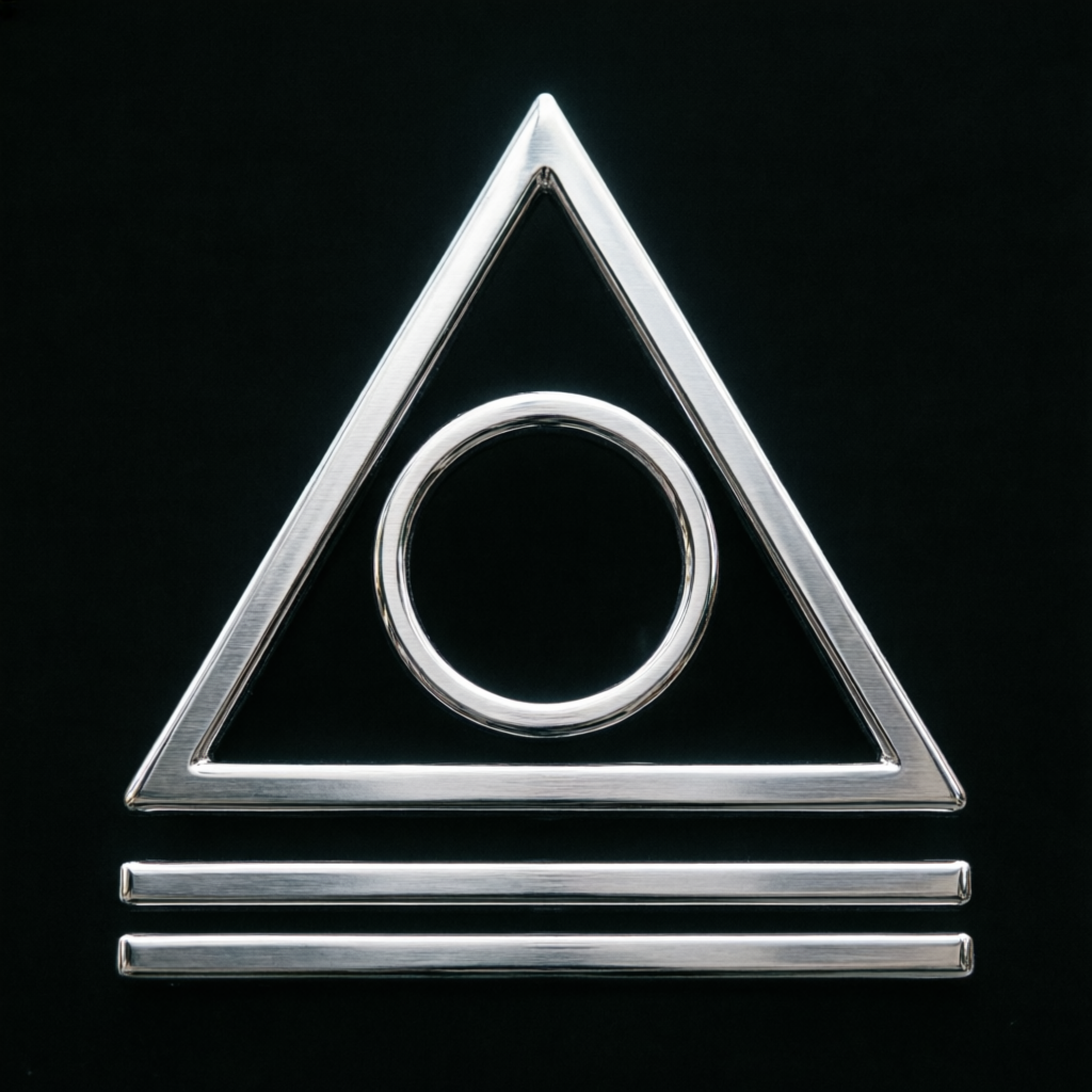 Emblem of the Pentaeus Project: a steel triangle enclosing a circle above two parallel bars.