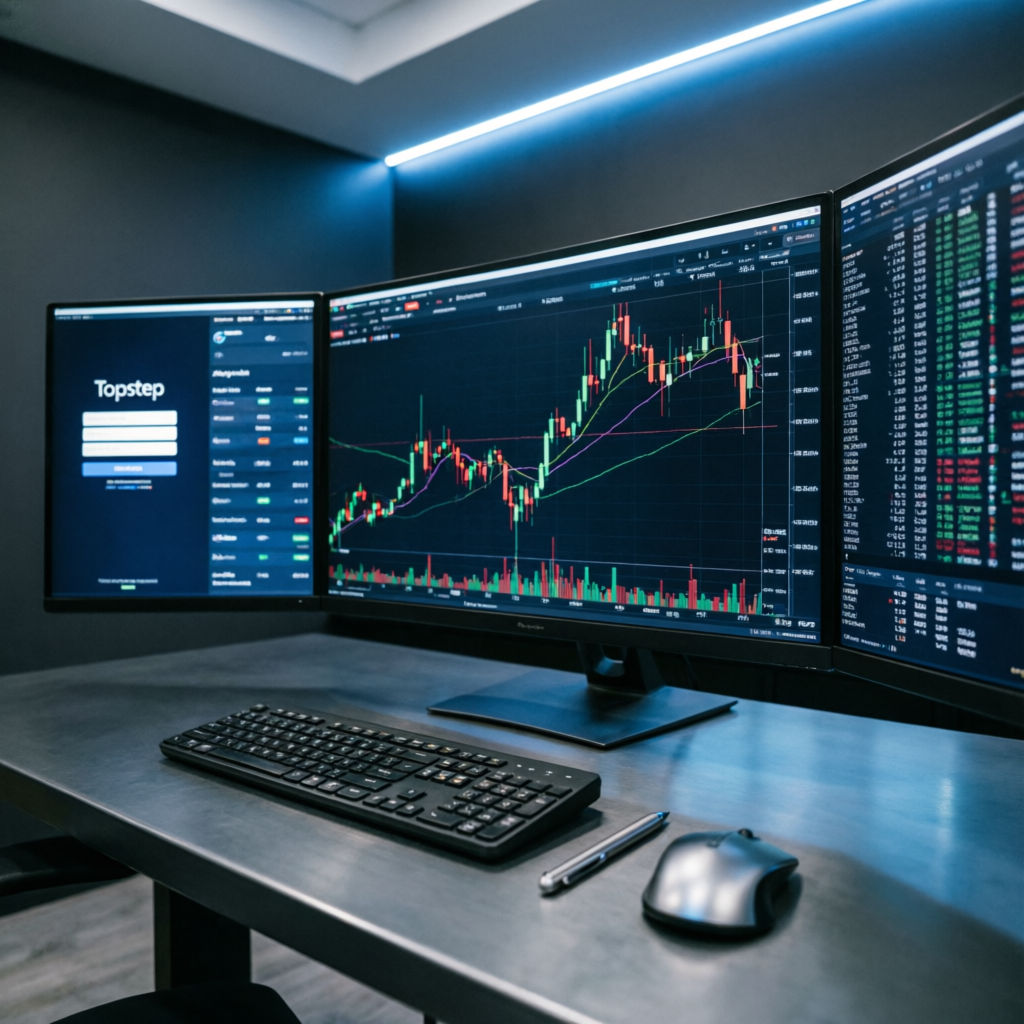 Topstep trading platform with multiple monitors showing futures charts and risk management