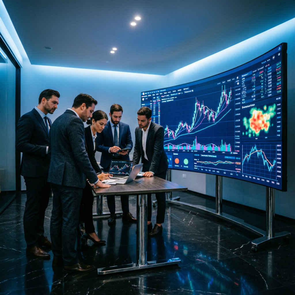 Professional team of traders collaborating on prop firm strategy and risk management