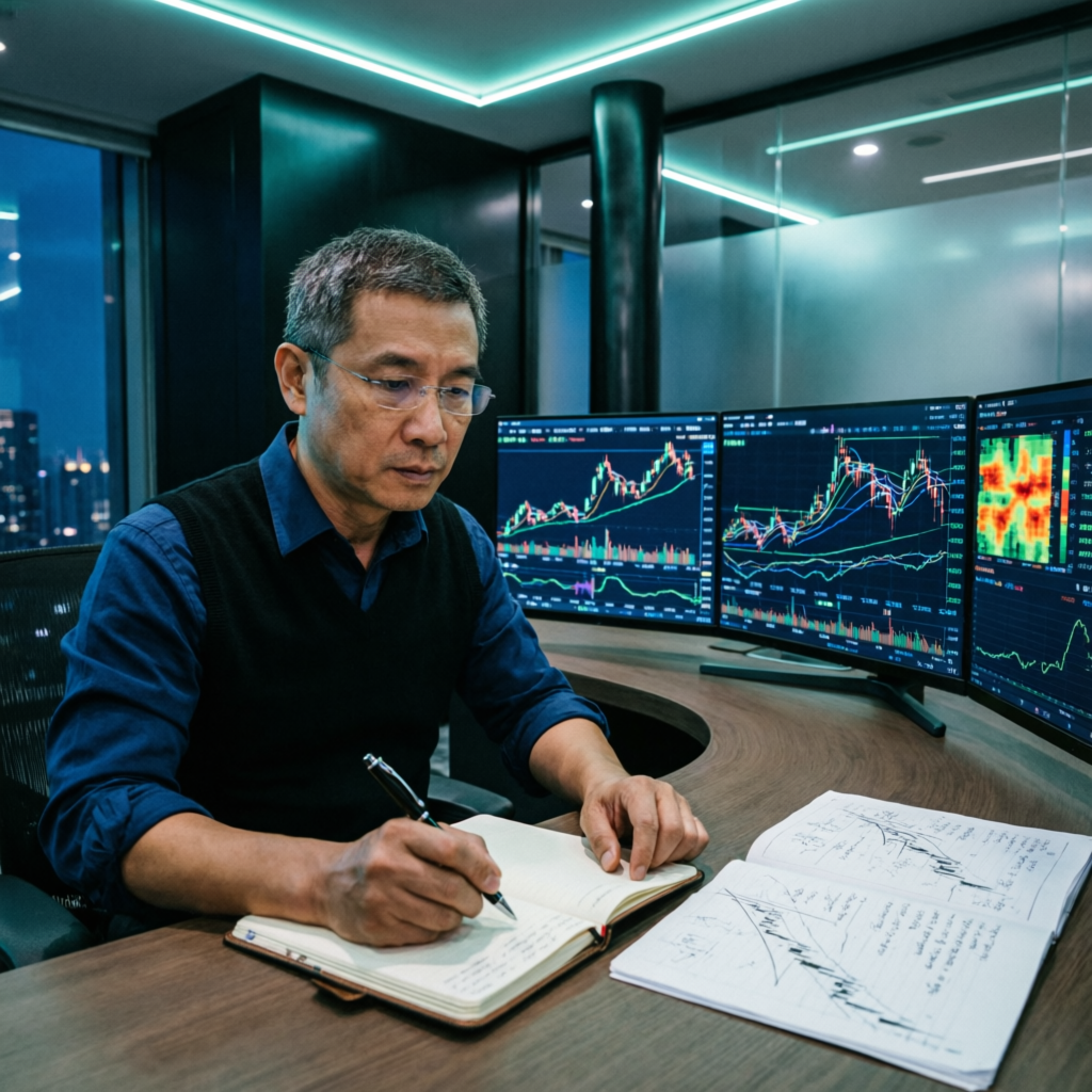 Professional trader planning strategy with charts and trading journal for Topstep evaluation