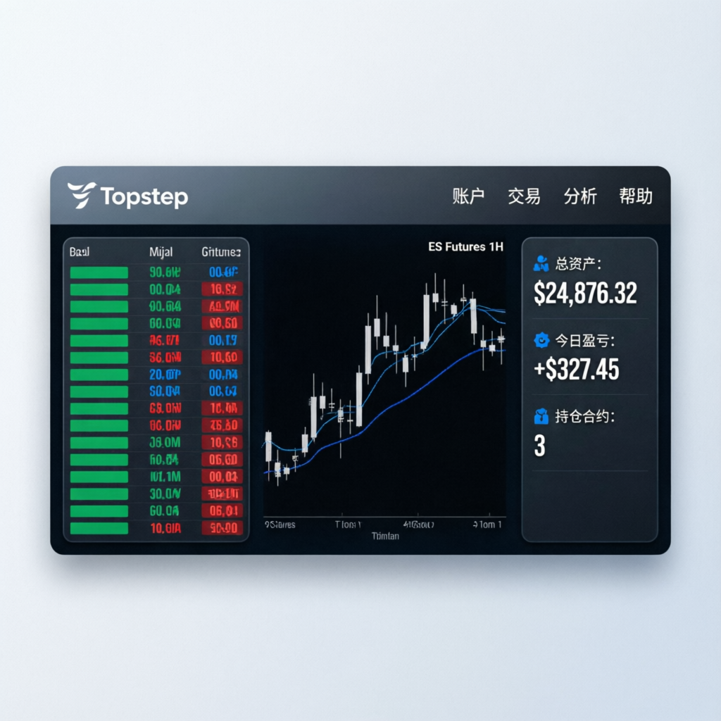 Topstep trading platform interface showing ES Futures chart and account metrics