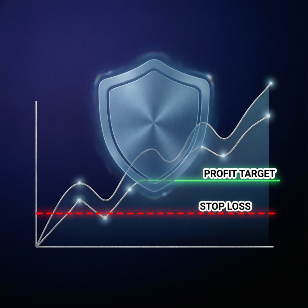 Risk management shield protecting trading account with profit target and stop loss visualization