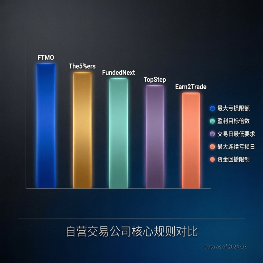 Comparison chart of prop firm rules including Topstep, FTMO, and others