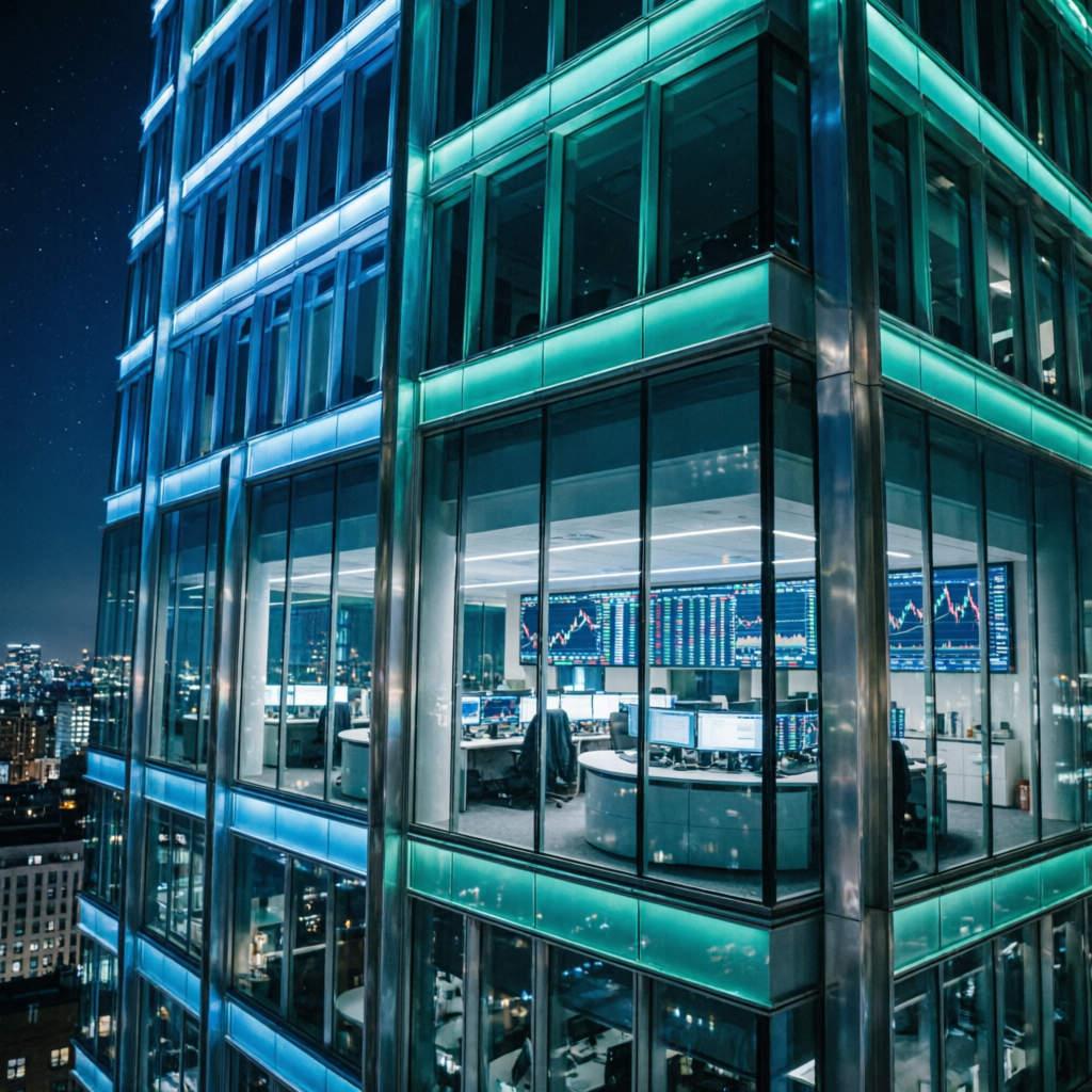 Modern prop firm trading office at night with professional trading floor