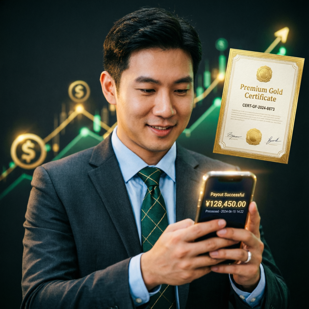 Trader receiving successful payout notification with premium certificate