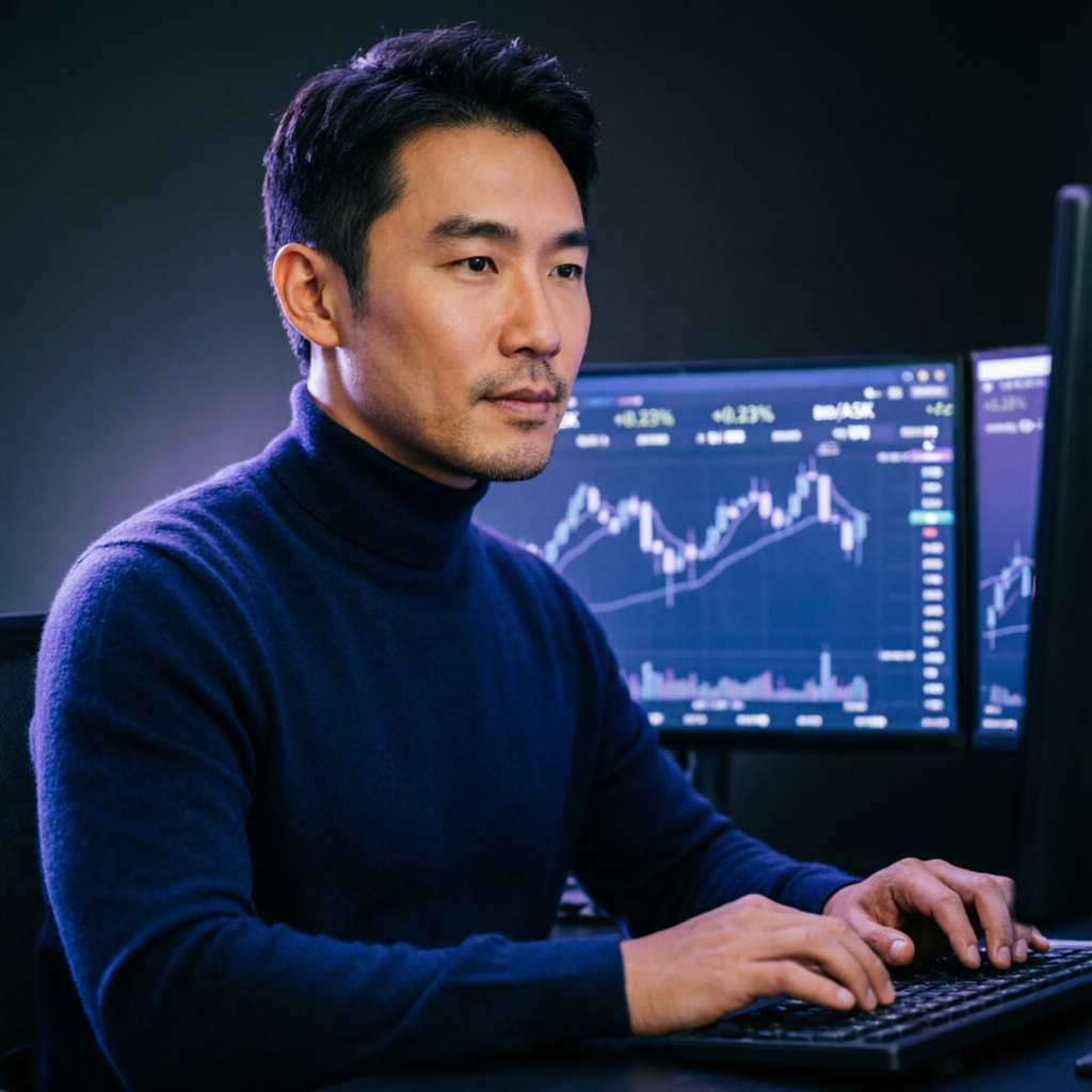 Focused professional trader implementing risk management strategies