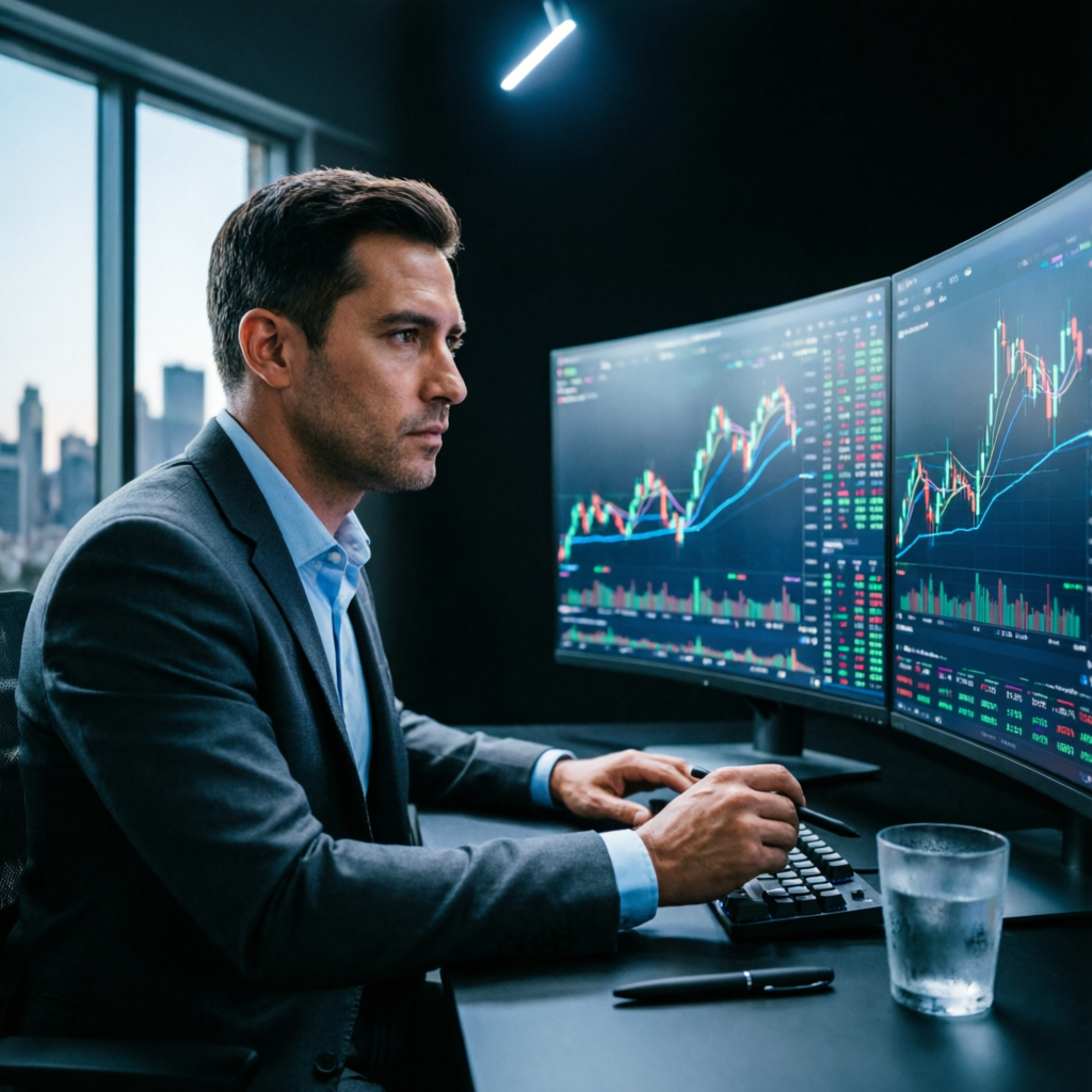 Professional forex trader analyzing Topstep daily loss limit rules on multiple trading monitors