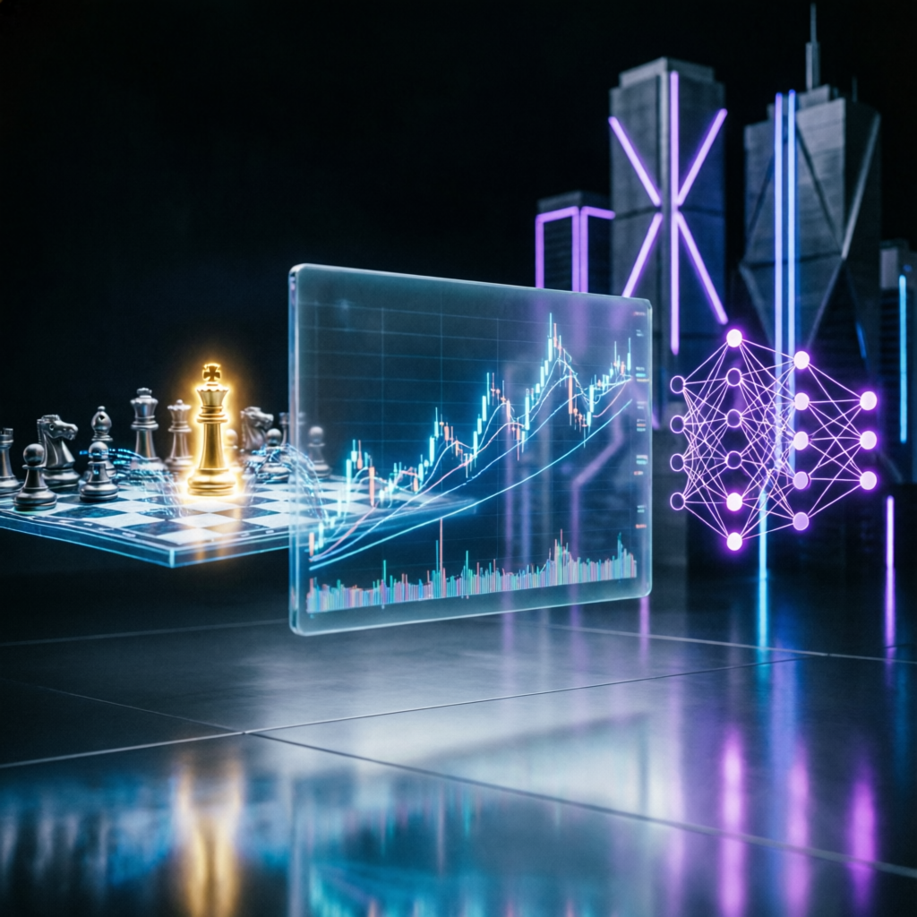 Trading strategy with chess-like strategic planning and financial charts