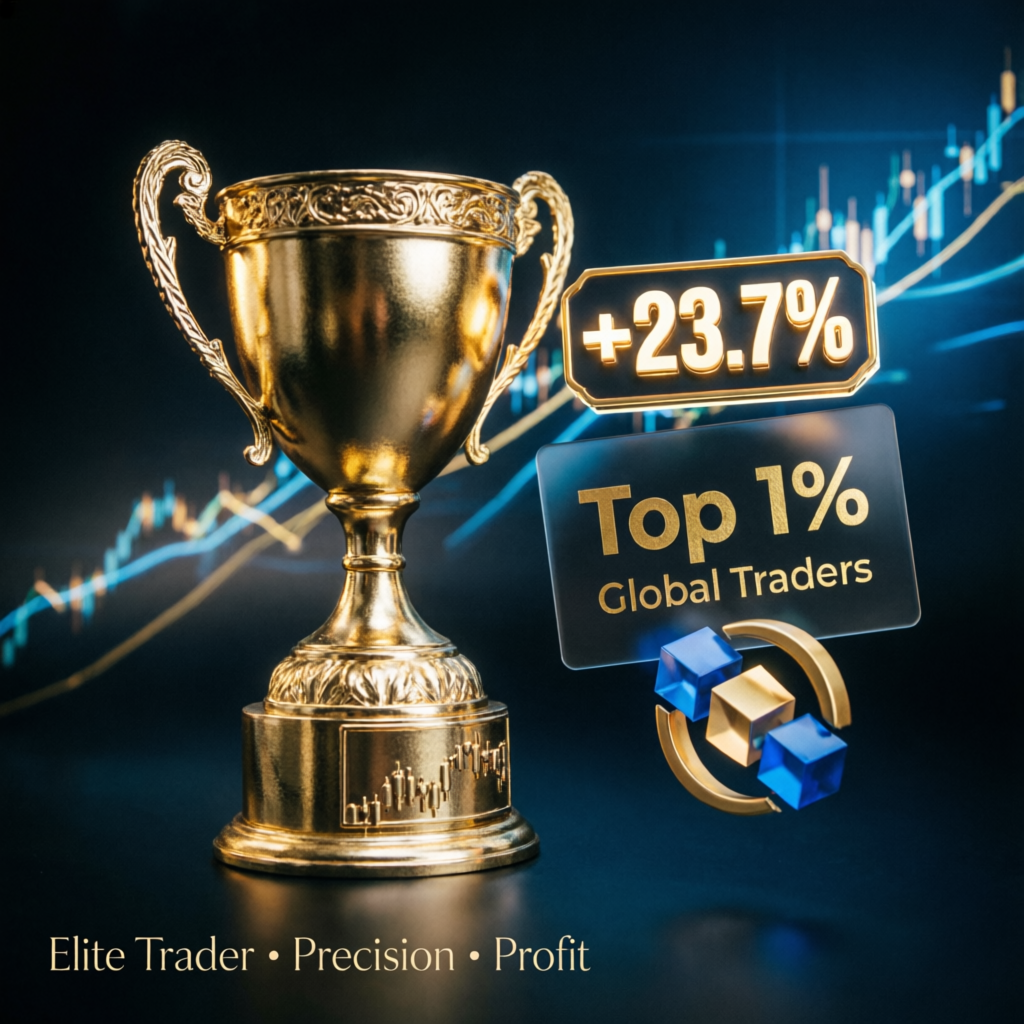 Elite trader success with trophy and profit achievements