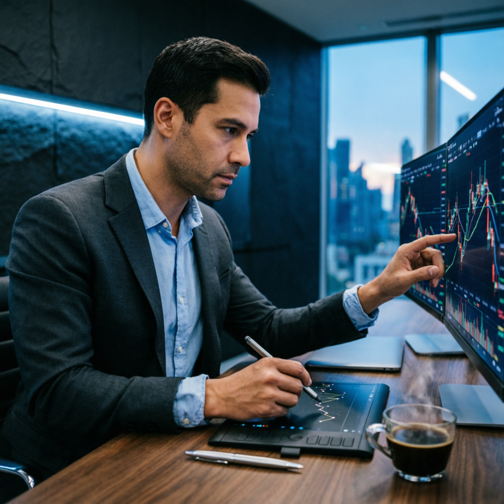 Professional trader analyzing Apex Trader Funding charts on multiple screens