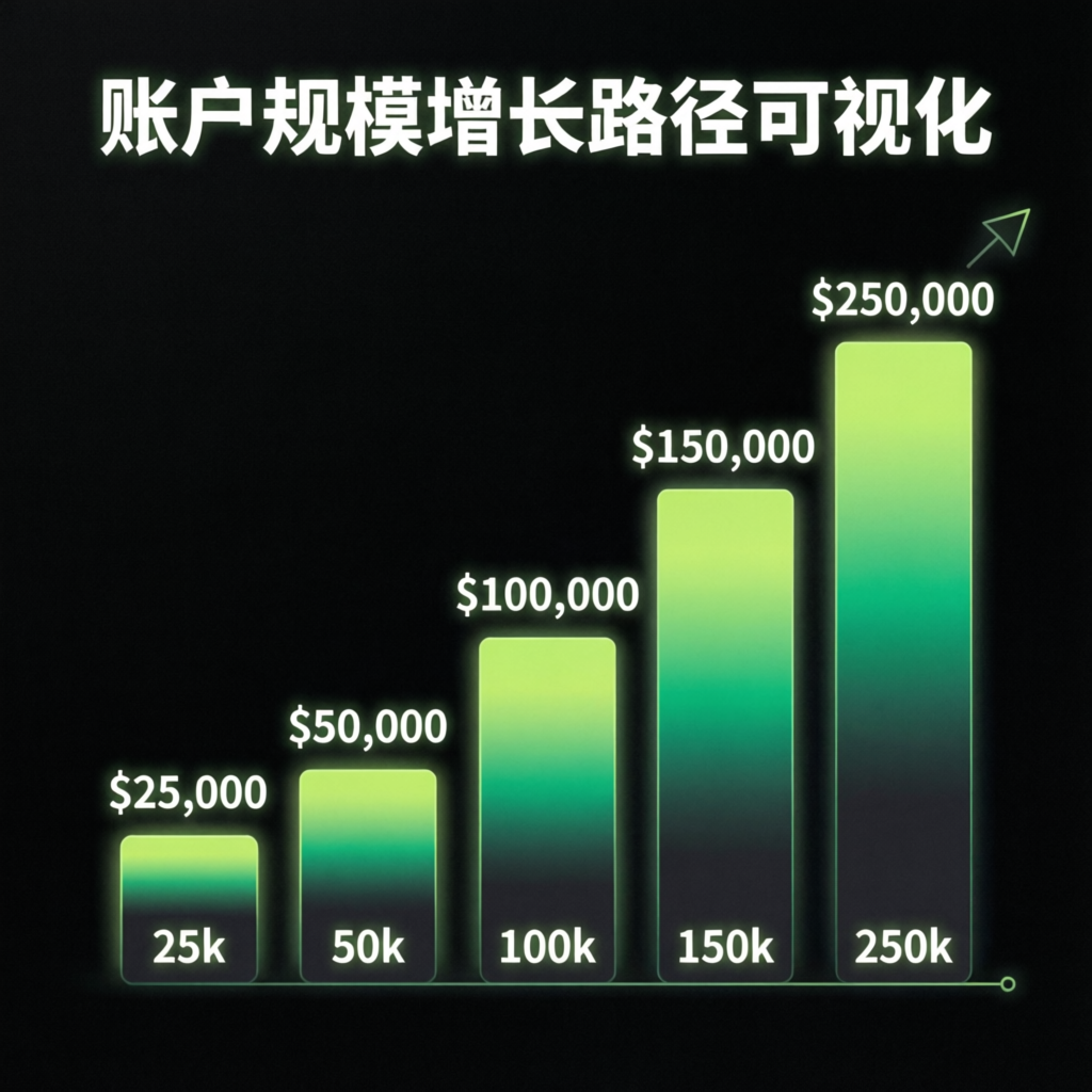 Account size growth path visualization from 25k to 250k funded accounts