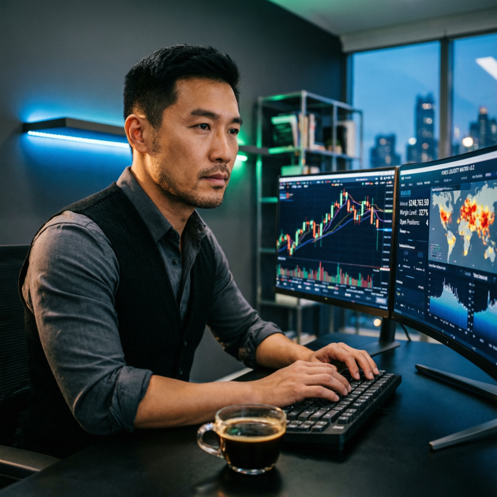 Professional forex trader analyzing financial charts on multiple monitors