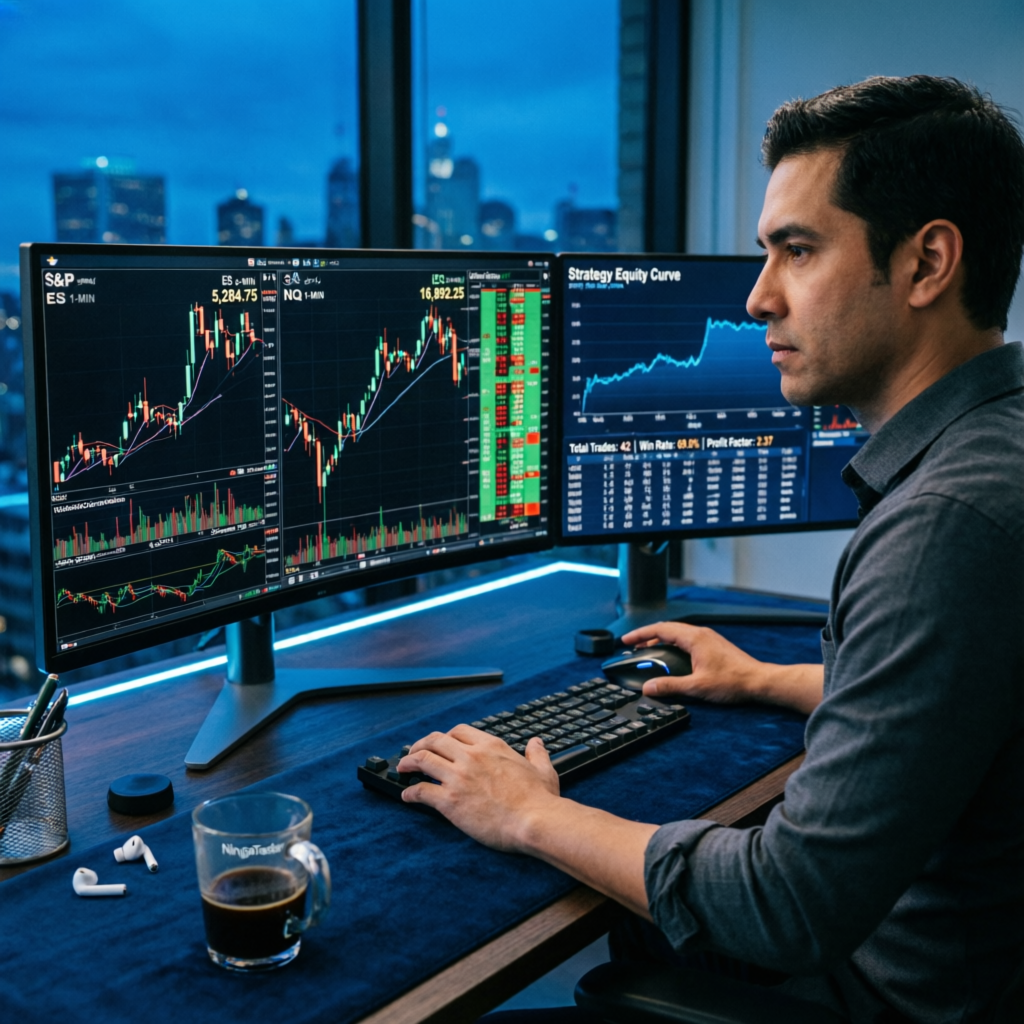 Professional trader analyzing futures markets on NinjaTrader platform with multiple screens