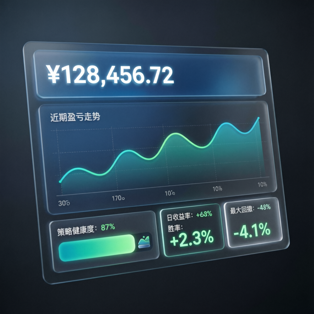 Modern trading dashboard showing account balance, profit chart, and evaluation metrics