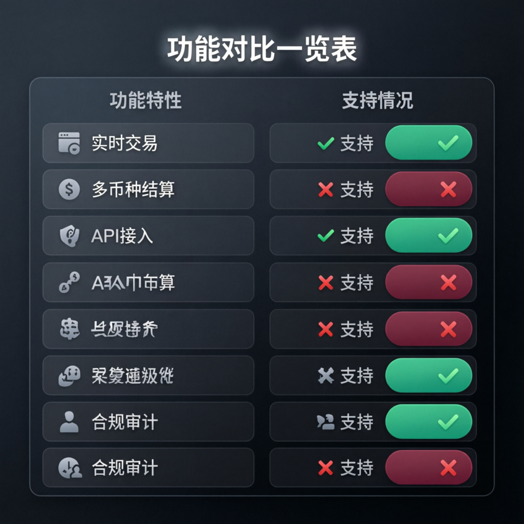 Comparison table showing features and support status across different prop firms
