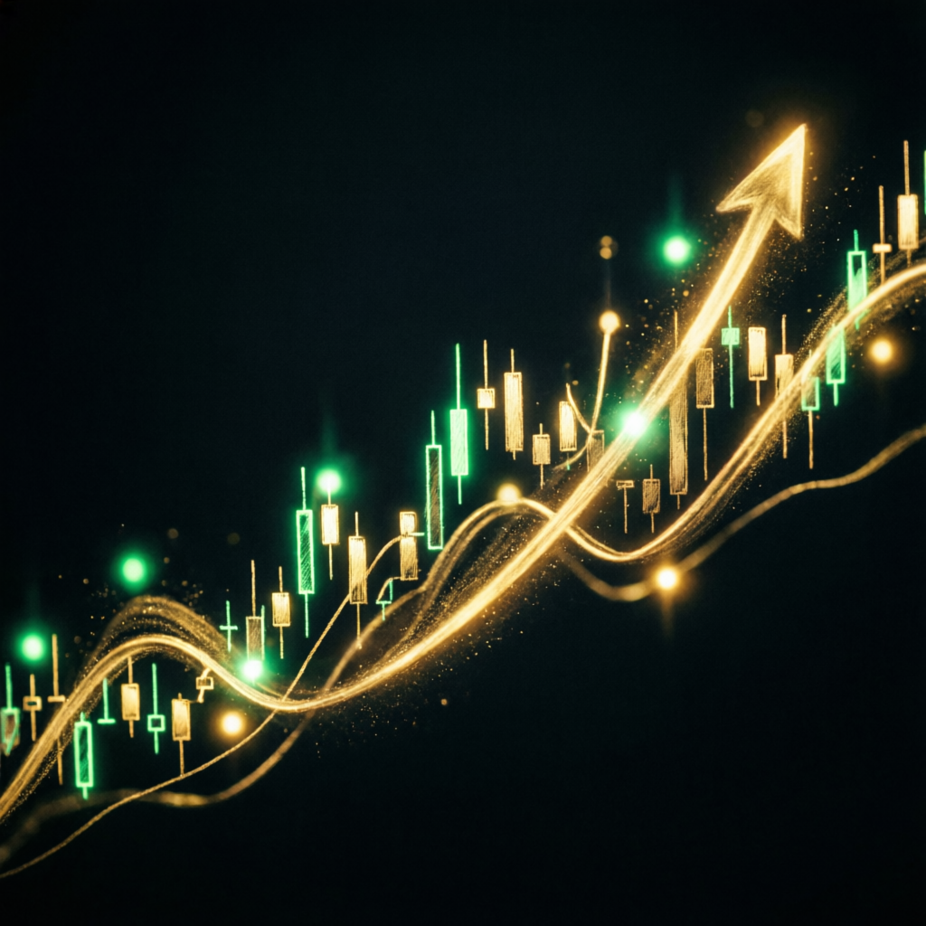 Financial growth visualization showing upward trending chart with candlestick patterns representing Apex Trader Funding success