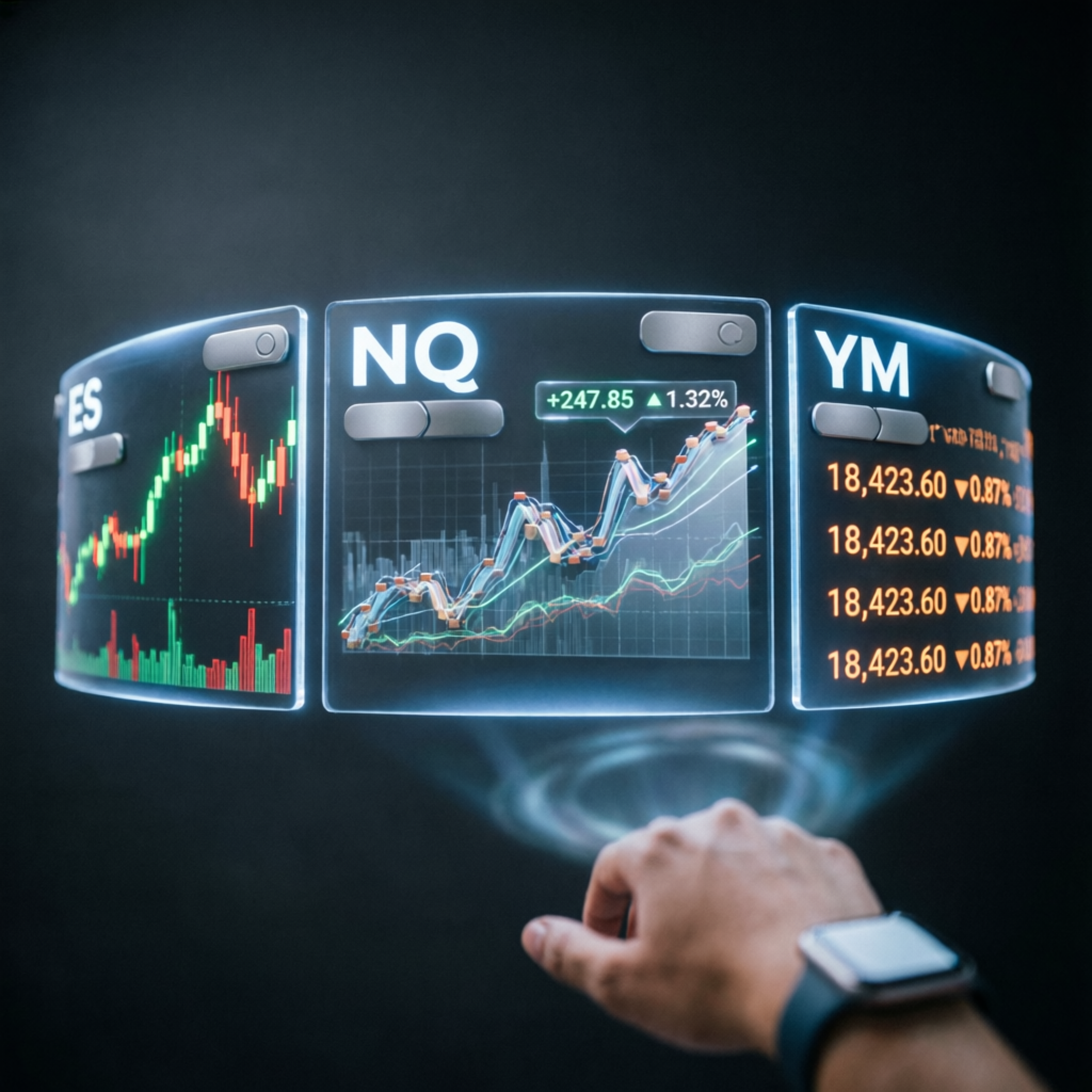 Futures trading platforms showing ES NQ YM contracts on holographic screens
