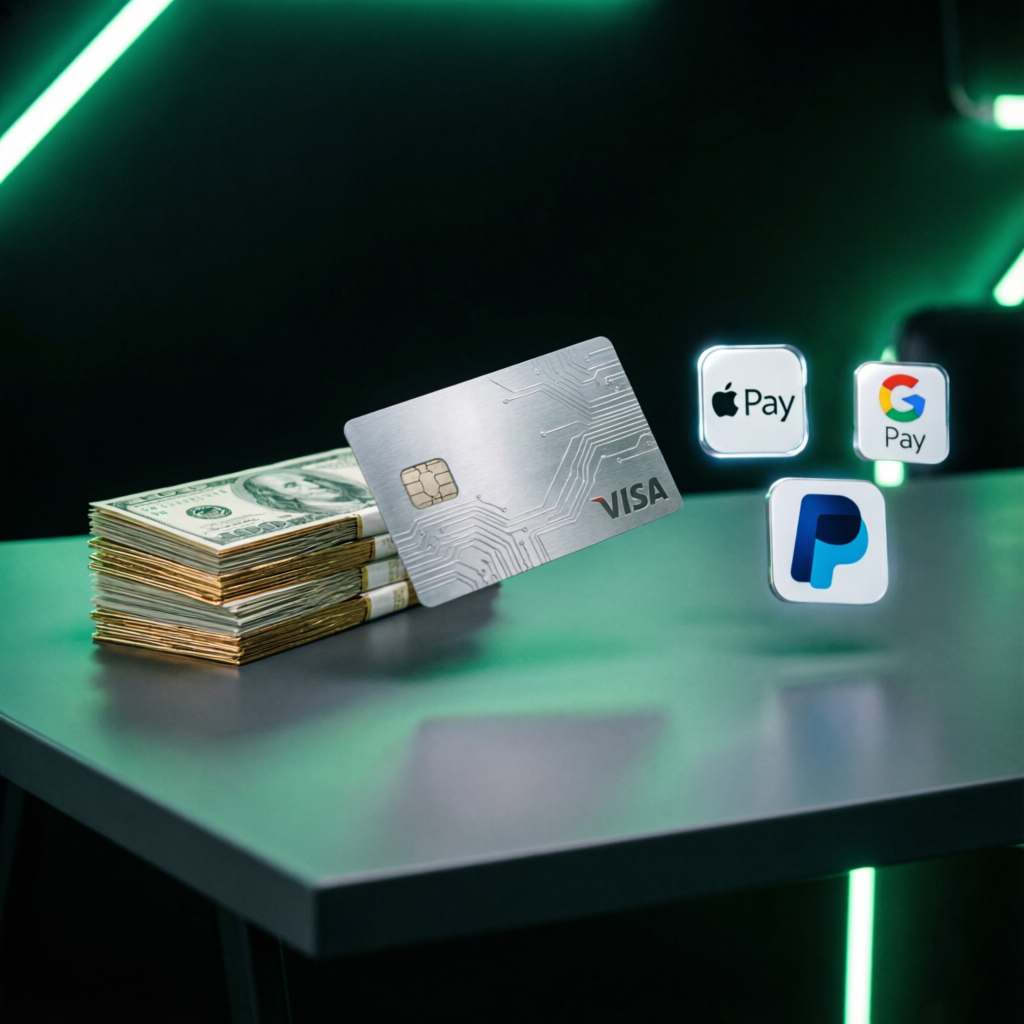 Money payout concept with dollar bills, credit card, and digital payment icons