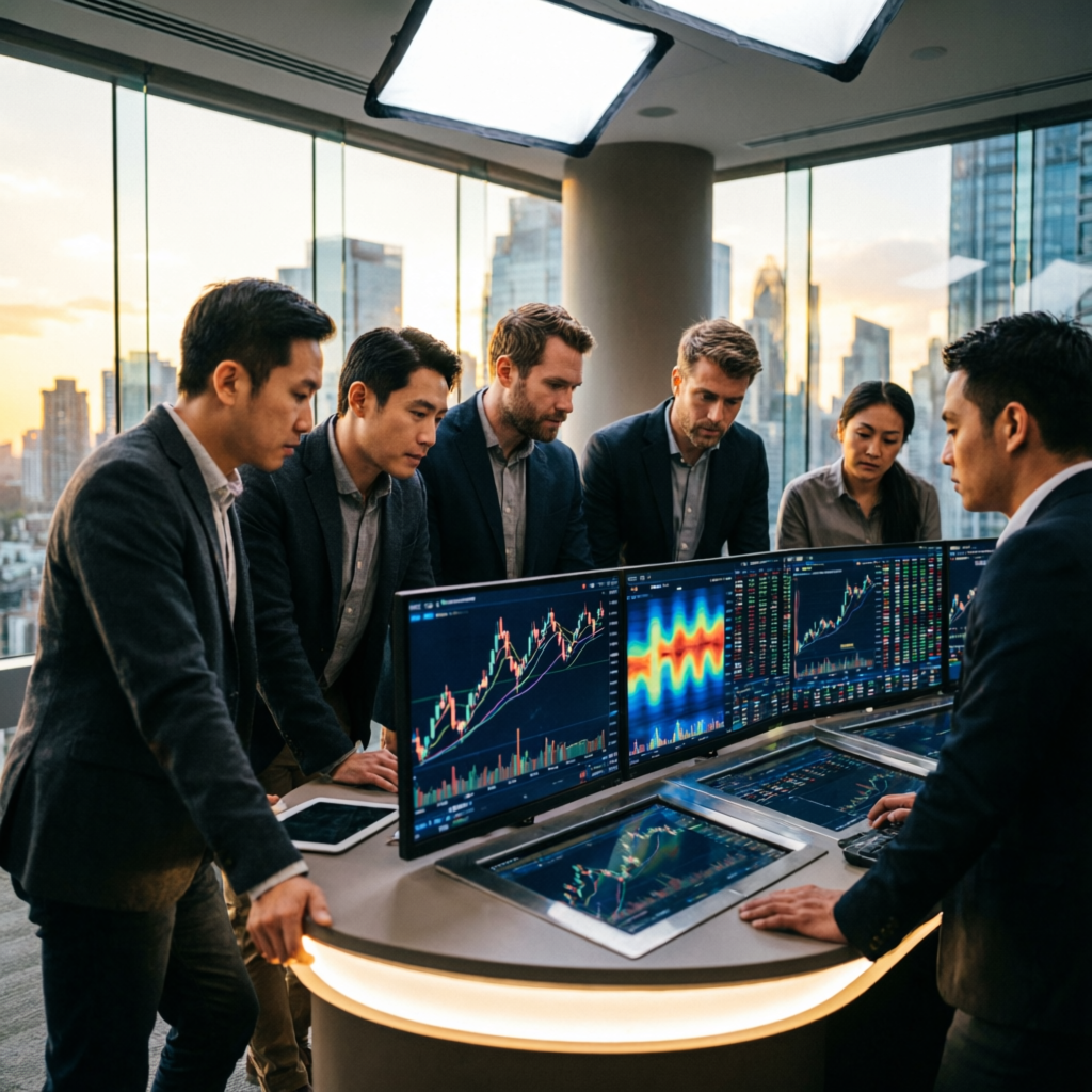 Professional team of traders analyzing charts together in modern trading room