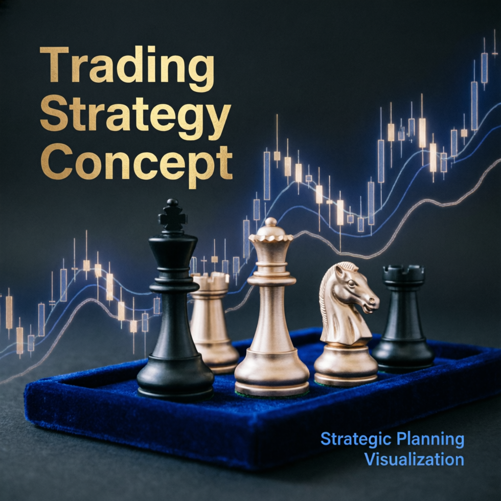 Trading strategy concept with chess pieces on financial chart background