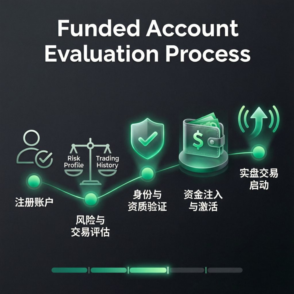 Funded account evaluation process flowchart showing steps from registration to funded trading