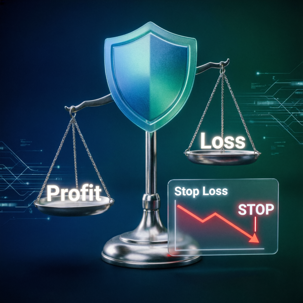 Risk management concept with profit and loss balance scale and stop loss visualization