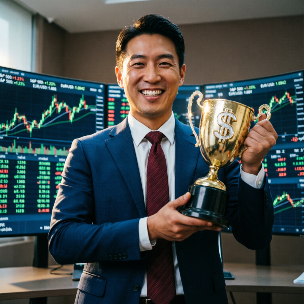 Successful funded trader celebrating achievement with trophy in modern trading office