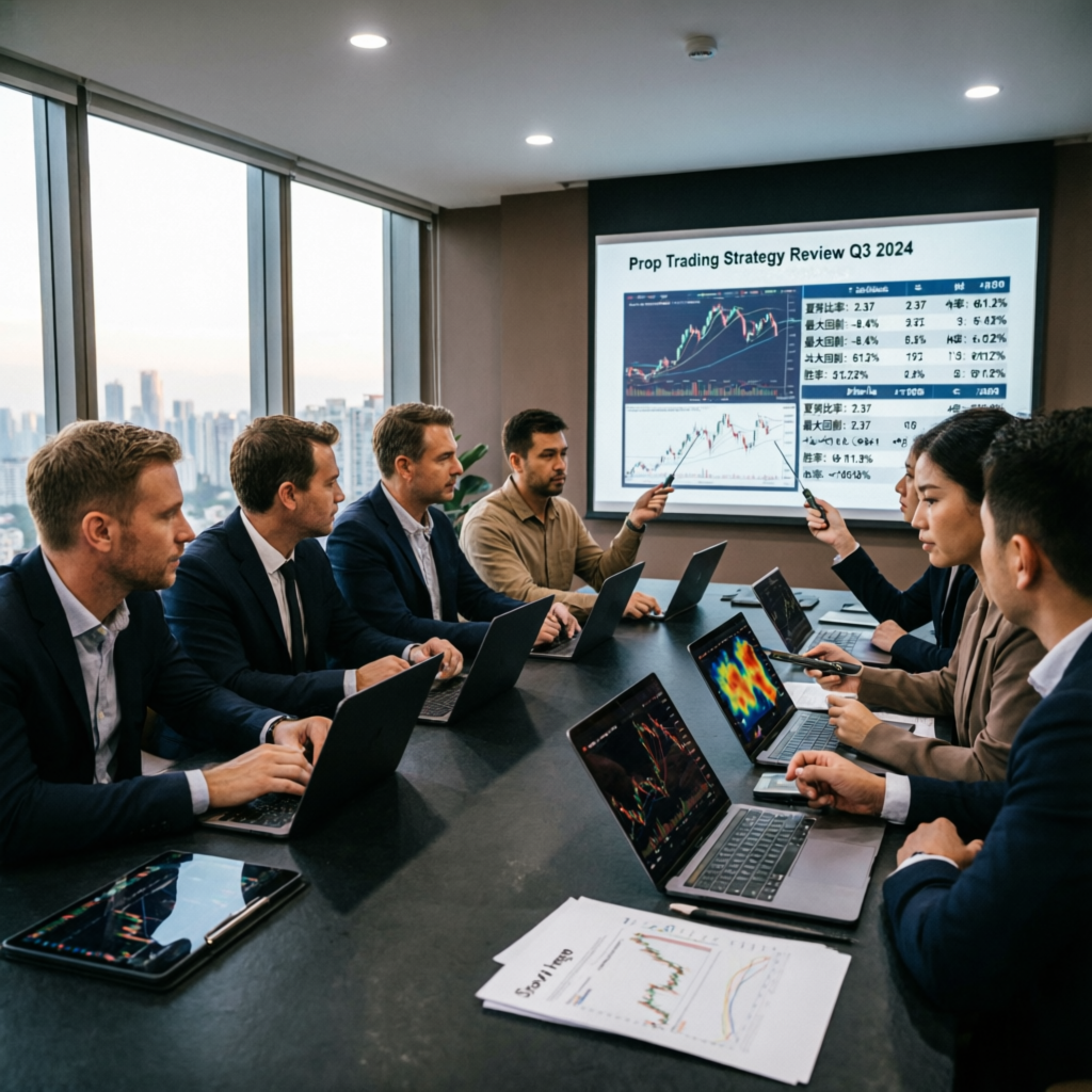 Team of expert financial analysts reviewing prop trading strategies