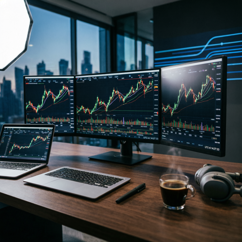 Professional trading setup with multiple monitors showing forex charts