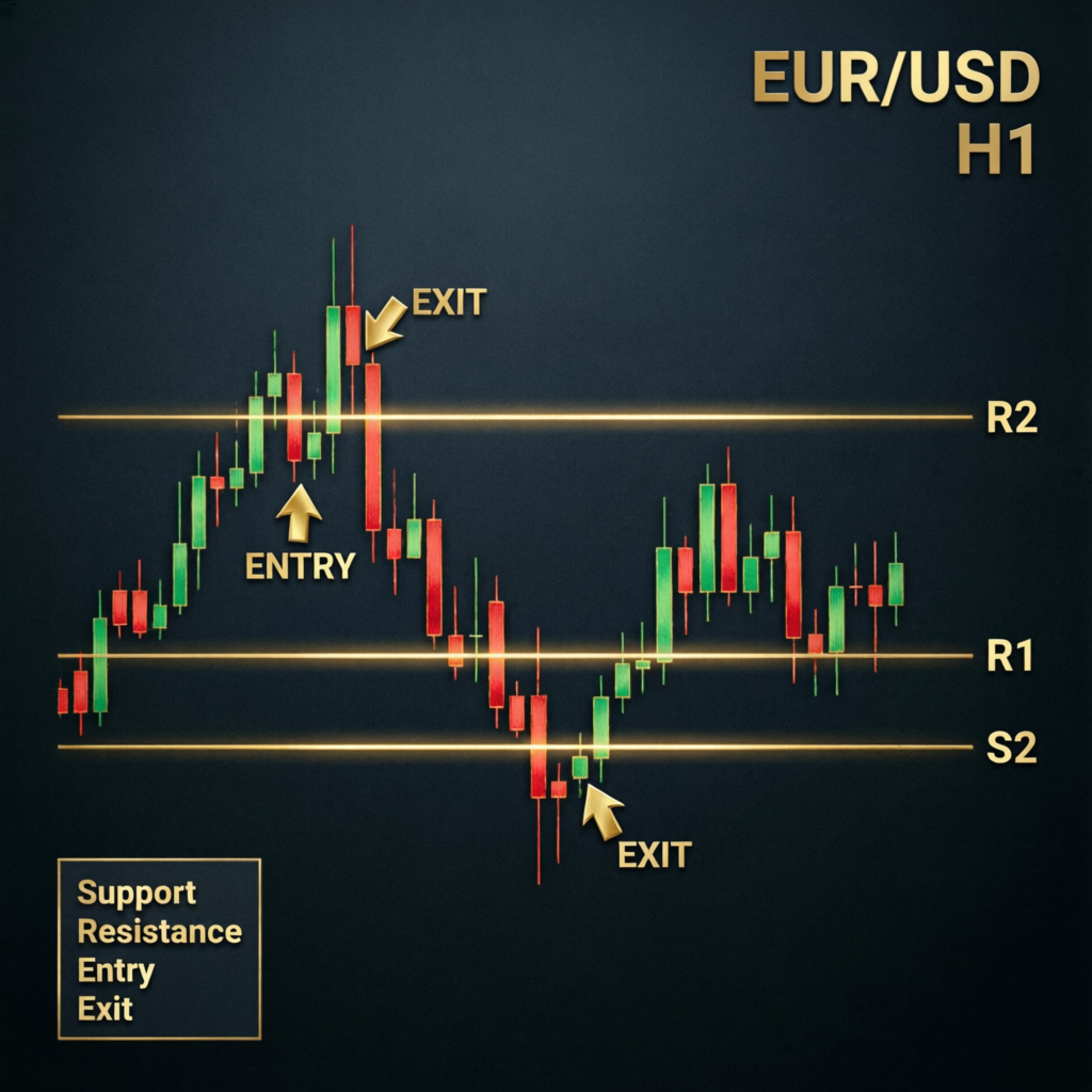 EUR/USD trading chart showing support resistance levels with entry and exit points for Apex strategy