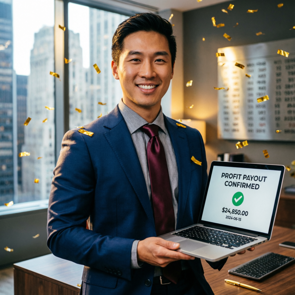 Successful funded trader celebrating profit payout confirmation with golden confetti