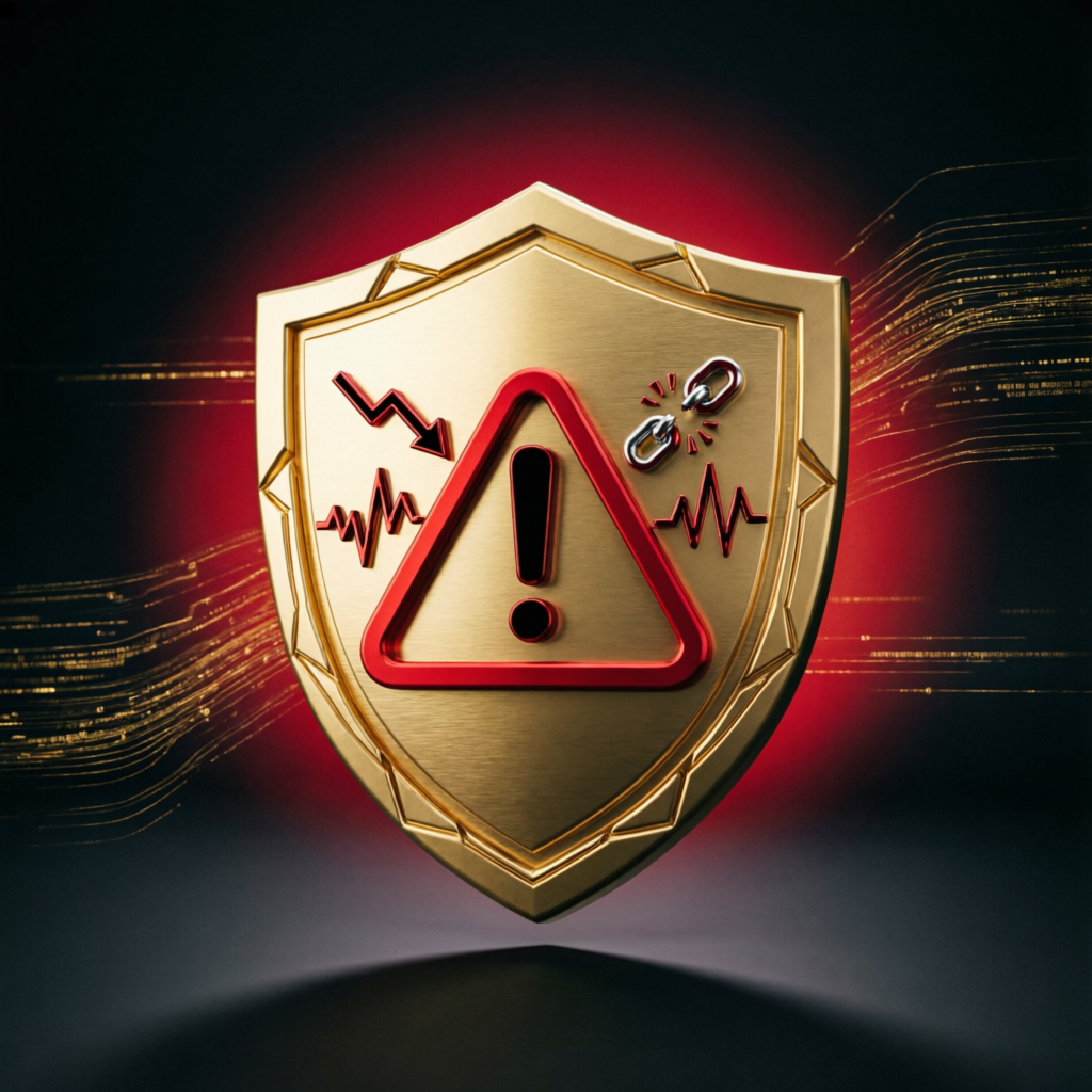 Golden shield with red warning triangle representing Apex Trader Funding cons and limitations