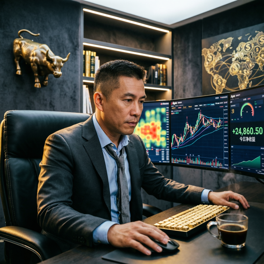 Professional futures trader analyzing Apex Trader Funding charts on multiple monitors in a premium office