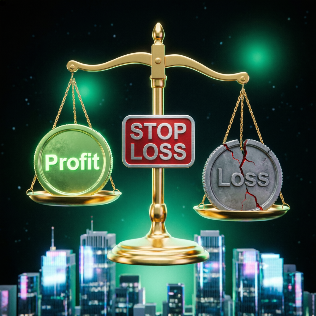 Golden scale balancing profit and loss with stop loss sign representing drawdown risk management