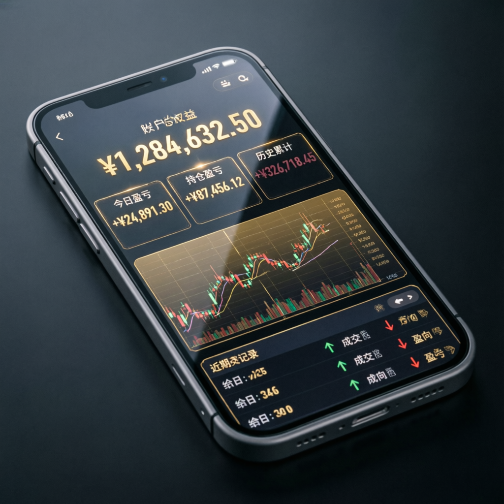 Mobile trading app showing futures account dashboard with profit metrics on smartphone