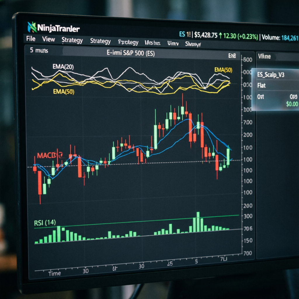 NinjaTrader platform interface showing E-mini S&P 500 futures chart with technical indicators