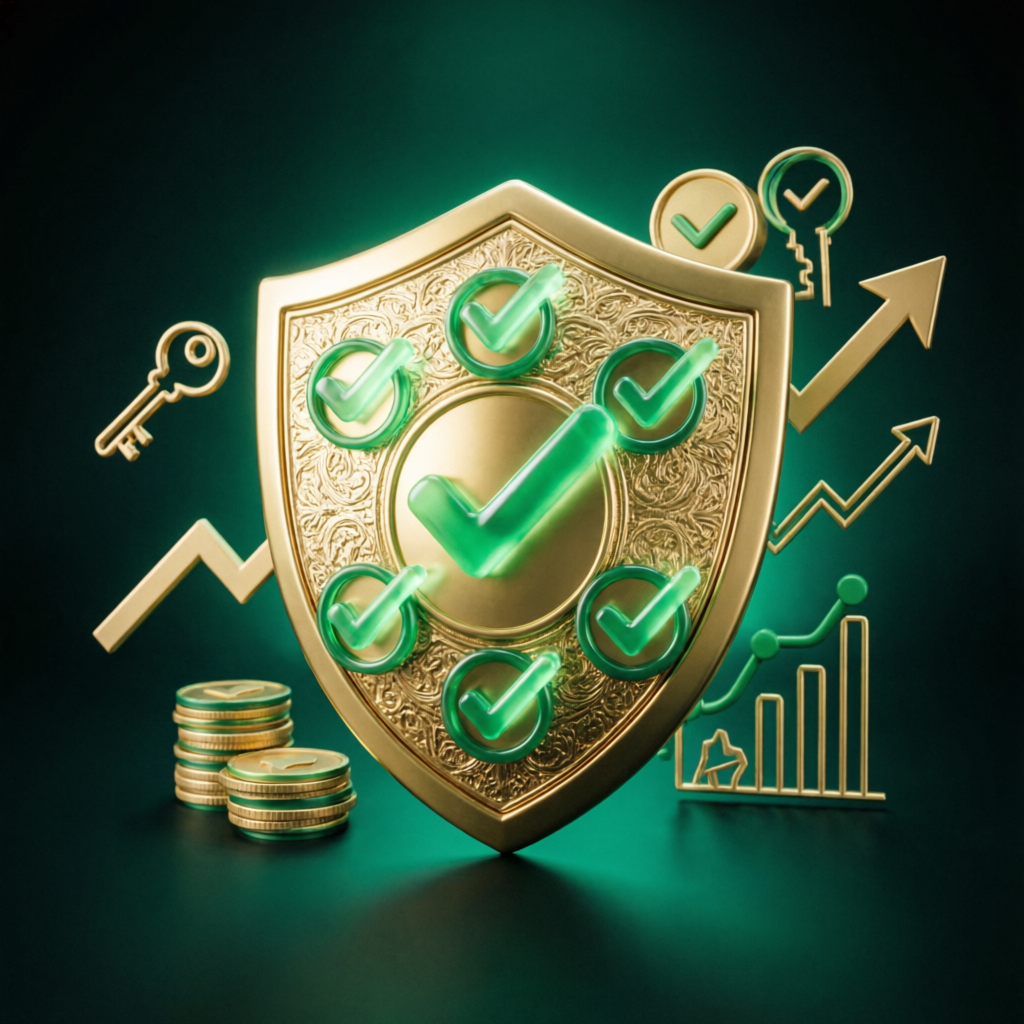 Golden shield with green checkmarks representing Apex Trader Funding advantages and pros
