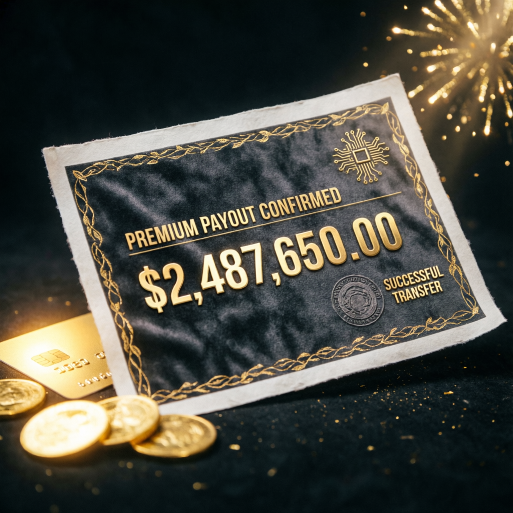 Premium payout confirmation showing successful transfer of $2,487,650 to funded trader