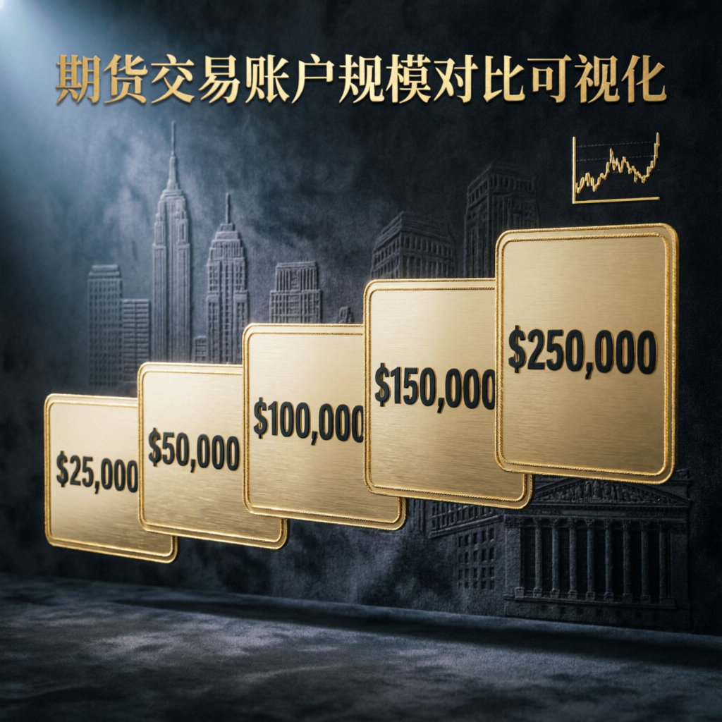 Futures trading account sizes comparison from $25,000 to $250,000 displayed as golden cards
