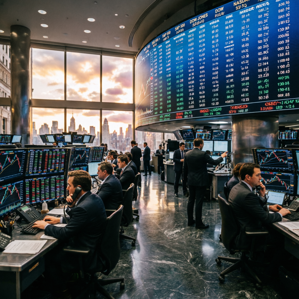 Wall Street trading floor with professional traders working at multiple screens in corporate environment