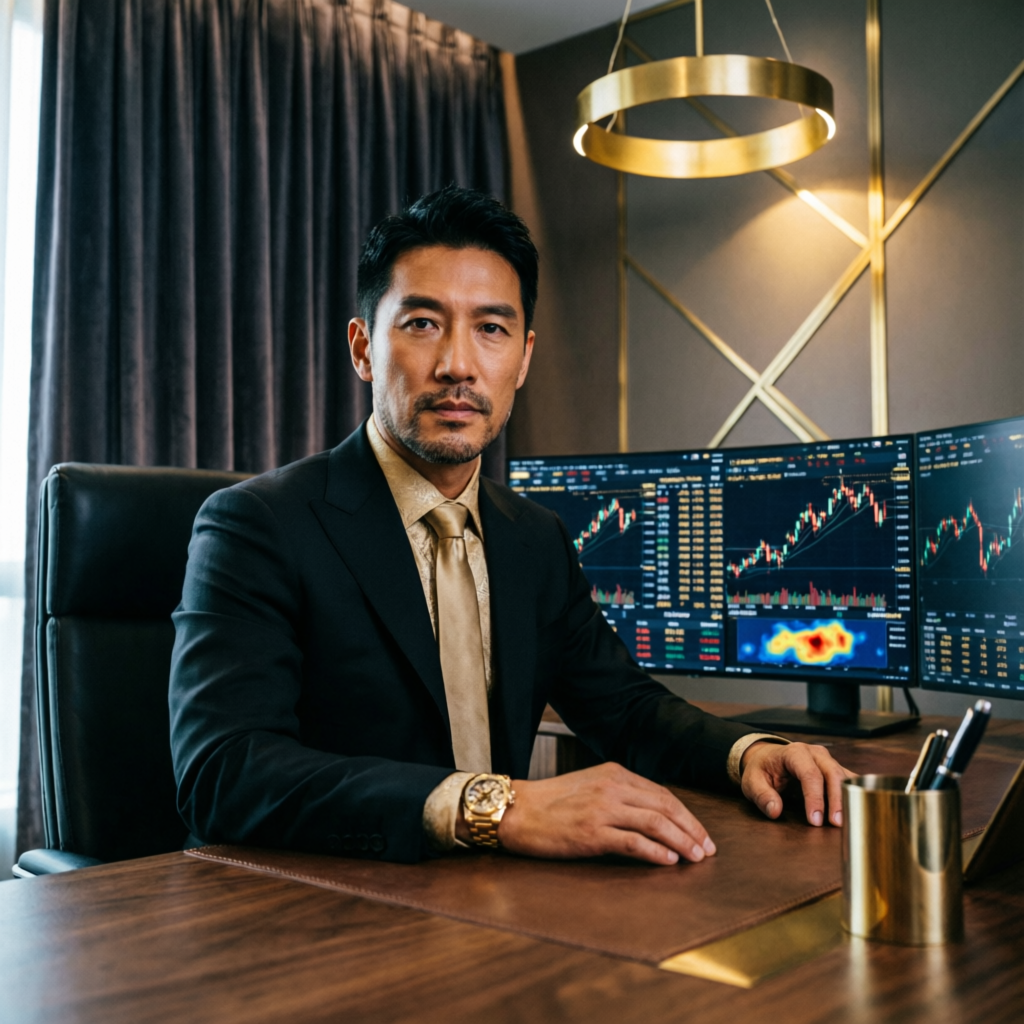 Professional forex trader in luxury office with trading screens