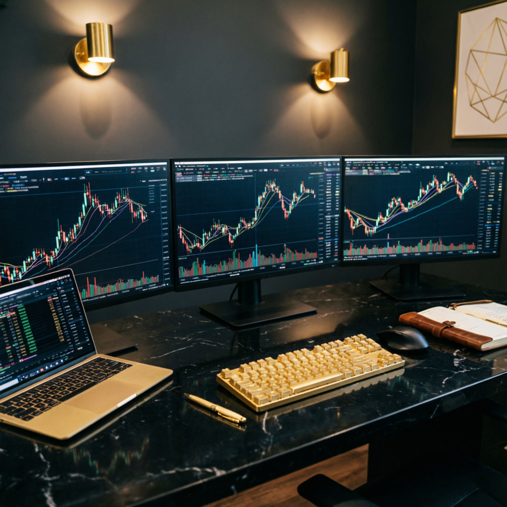 Premium forex trading desk with multiple monitors showing futures charts